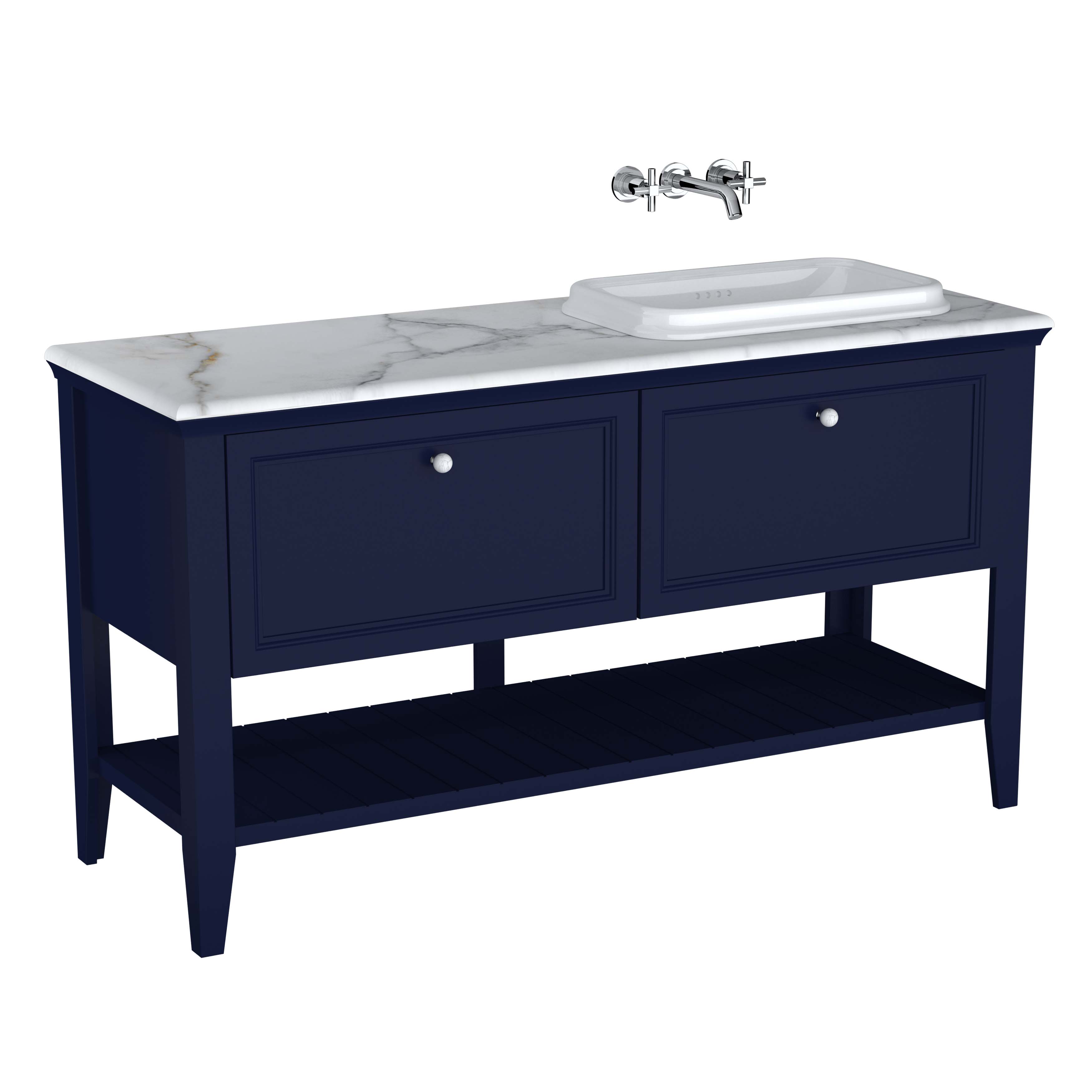 Valarte Set, 150 cm, Einbauwaschtisch rechts + Waschtischunterschrank 2 Laden, Stahlblau (Lack)